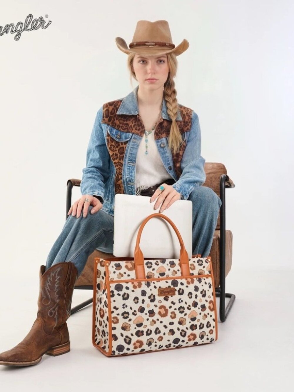 Wrangler Leopard Print Canvas Oversized Tote with Adjustable Strap Brown